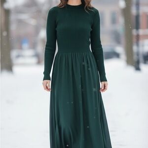 Taylor Forest Green Ribbed Long Sleeve Dress